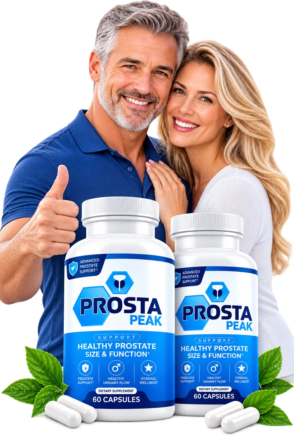 Couple smiling while holding Prosta Peak prostate support supplement bottles